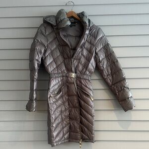 Via Spiga Metallic Gray Puffer Coat with Belt